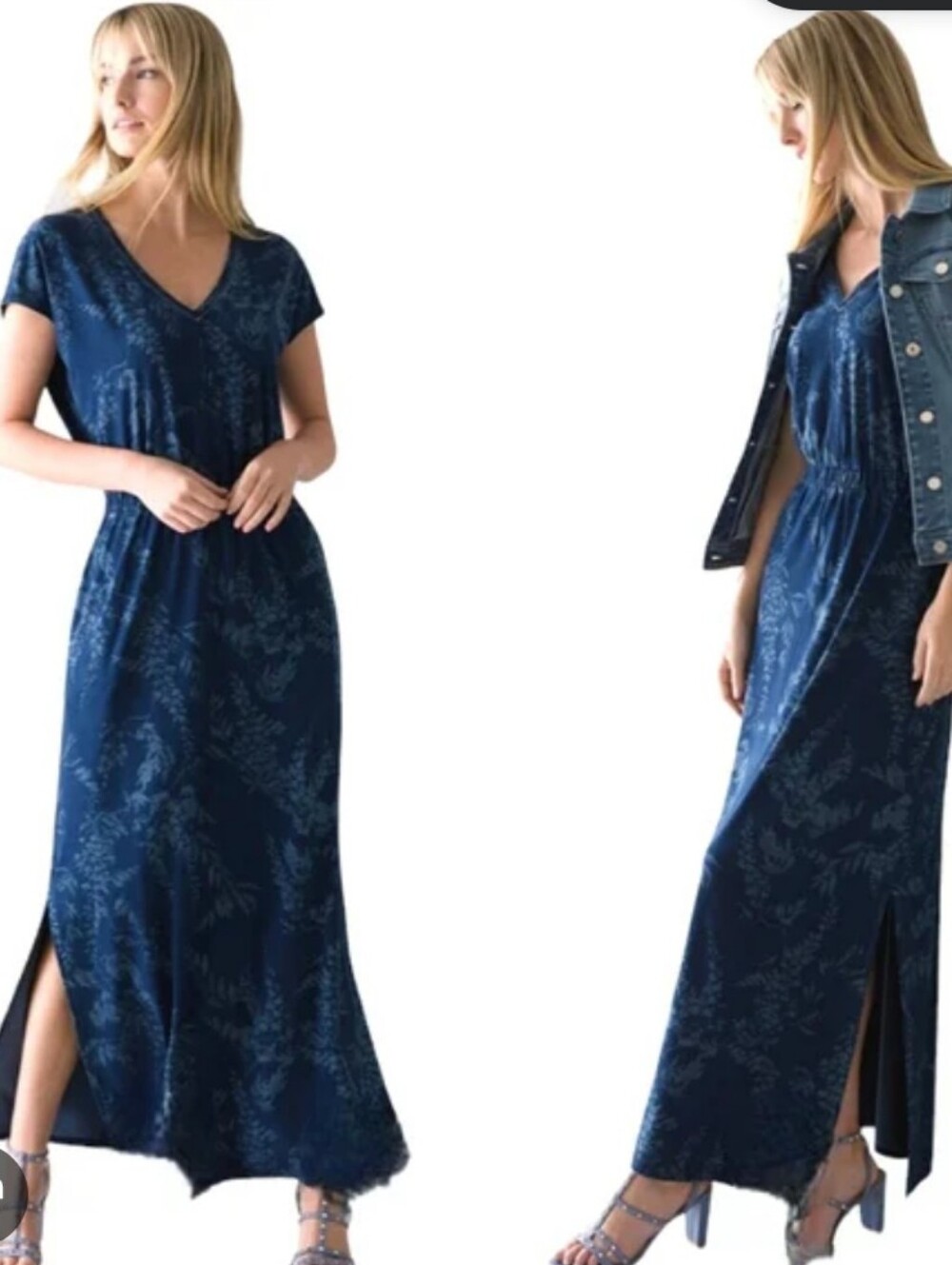 White House Black Market Blue Floral V-Neck Elastic-Waist‎ Women's Maxi Dress